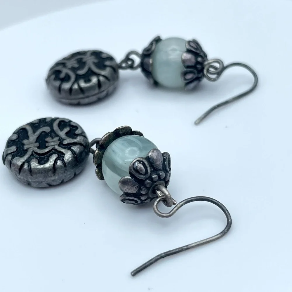 Articulated Silver-Tone Oxidized Metal Cool Waters Glass Beads Dangle Earrings